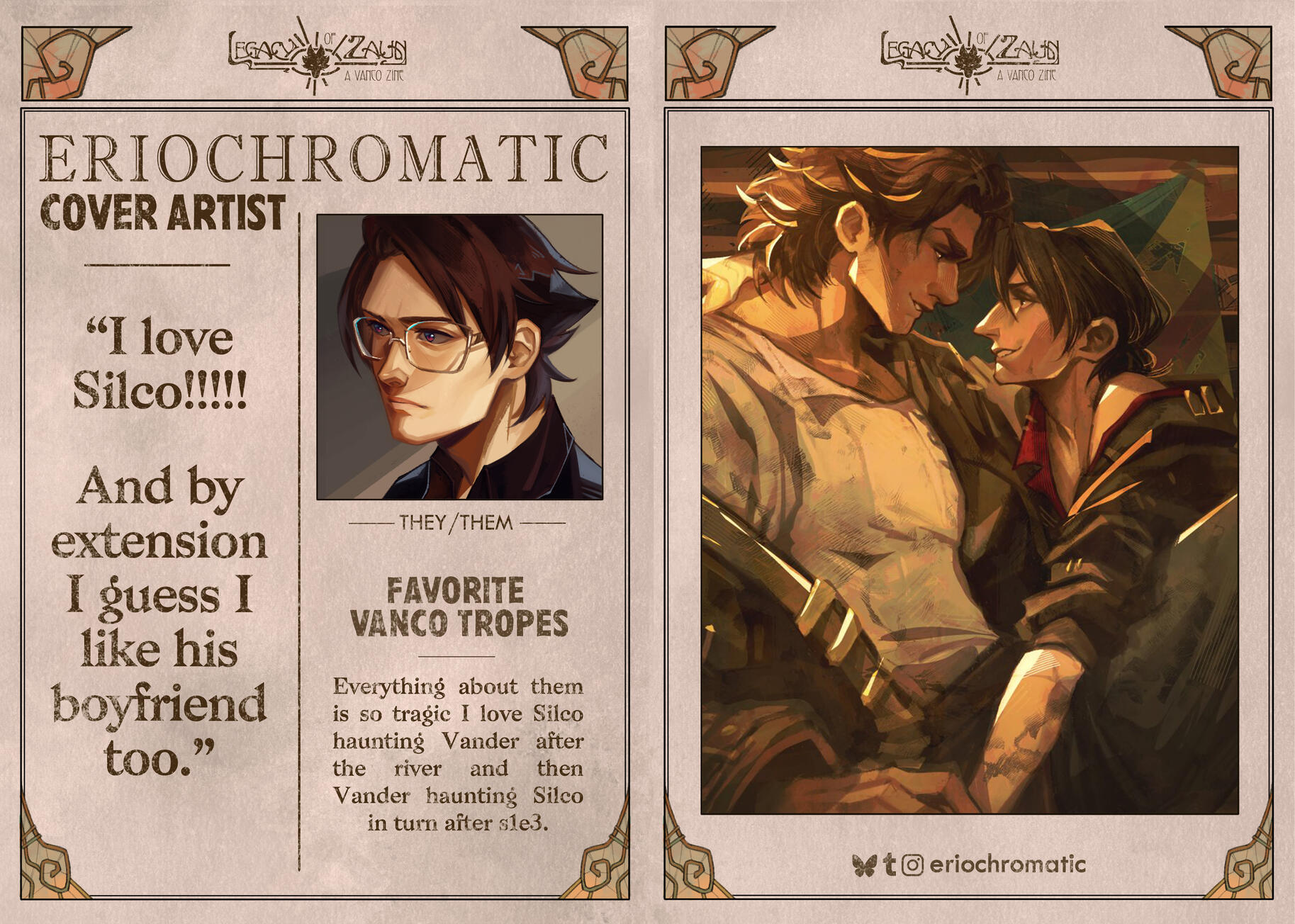 A graphic in the form of a vintage newspaper page with the zine logo "LEGACY OF ZAUN: A VANCO ZINE" as the newspaper title, with little decorative glass embellishments around the frames. In the top right is a profile picture featuring a digitally painted s