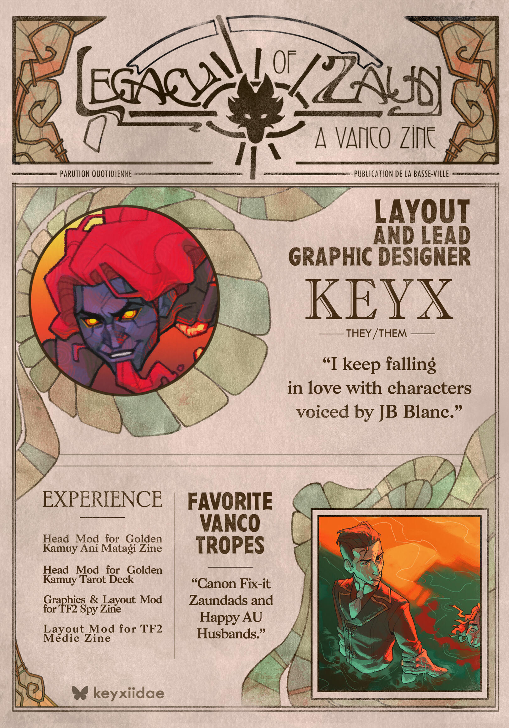 A graphic in the form of a vintage newspaper with the zine logo "LEGACY OF ZAUN: A VANCO ZINE" as the newspaper title, with decorative glass embellishments around the frames. In the Top left is a profile picture featuring The Admin from Minecarft Story Mod