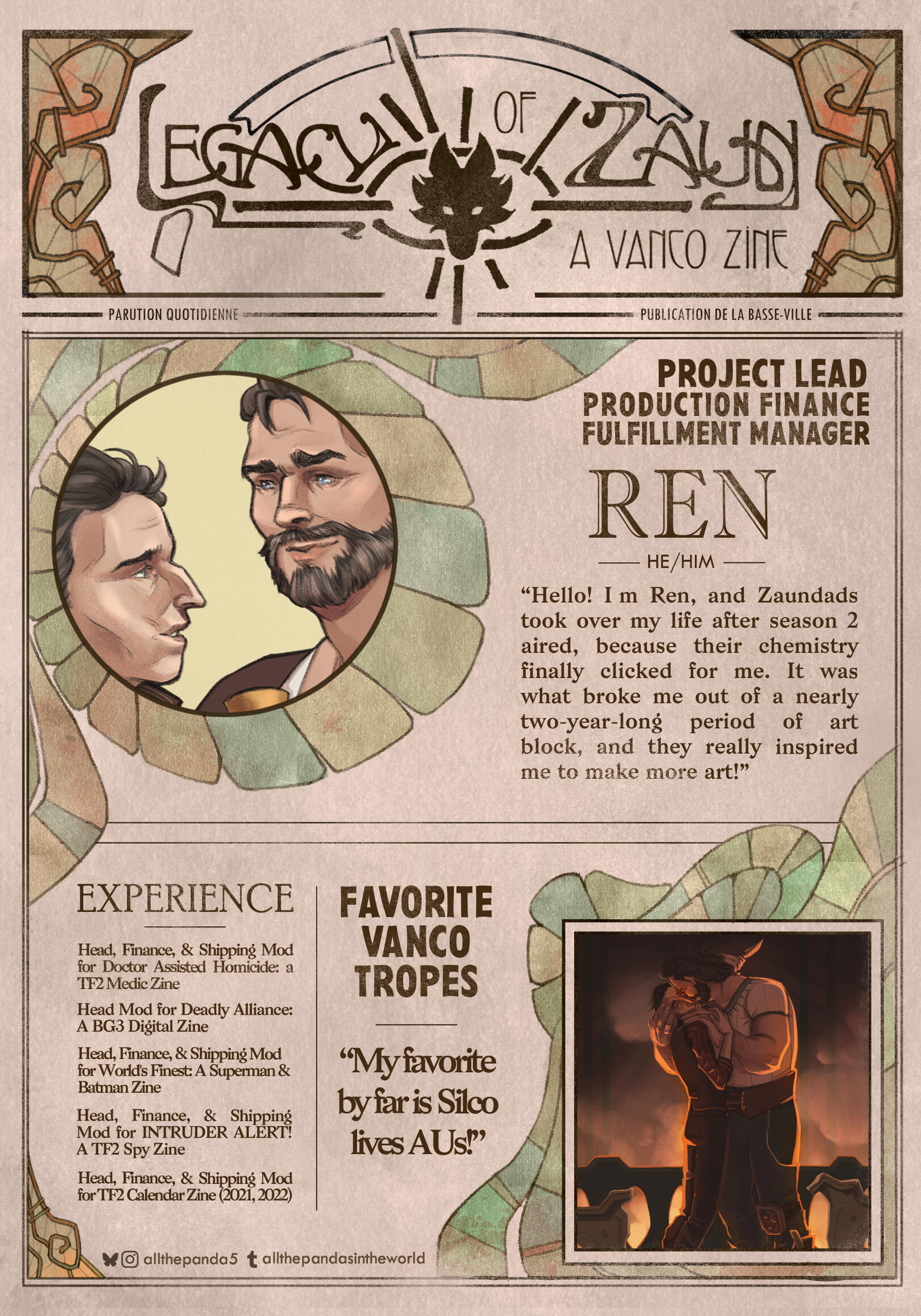 A graphic in the form of a vintage newspaper with the zine logo "LEGACY OF ZAUN: A VANCO ZINE" as the newspaper title, with decorative glass embellishments around the frames. In the Top left is a profile picture featuring AU Silco and Vander, in the bottom